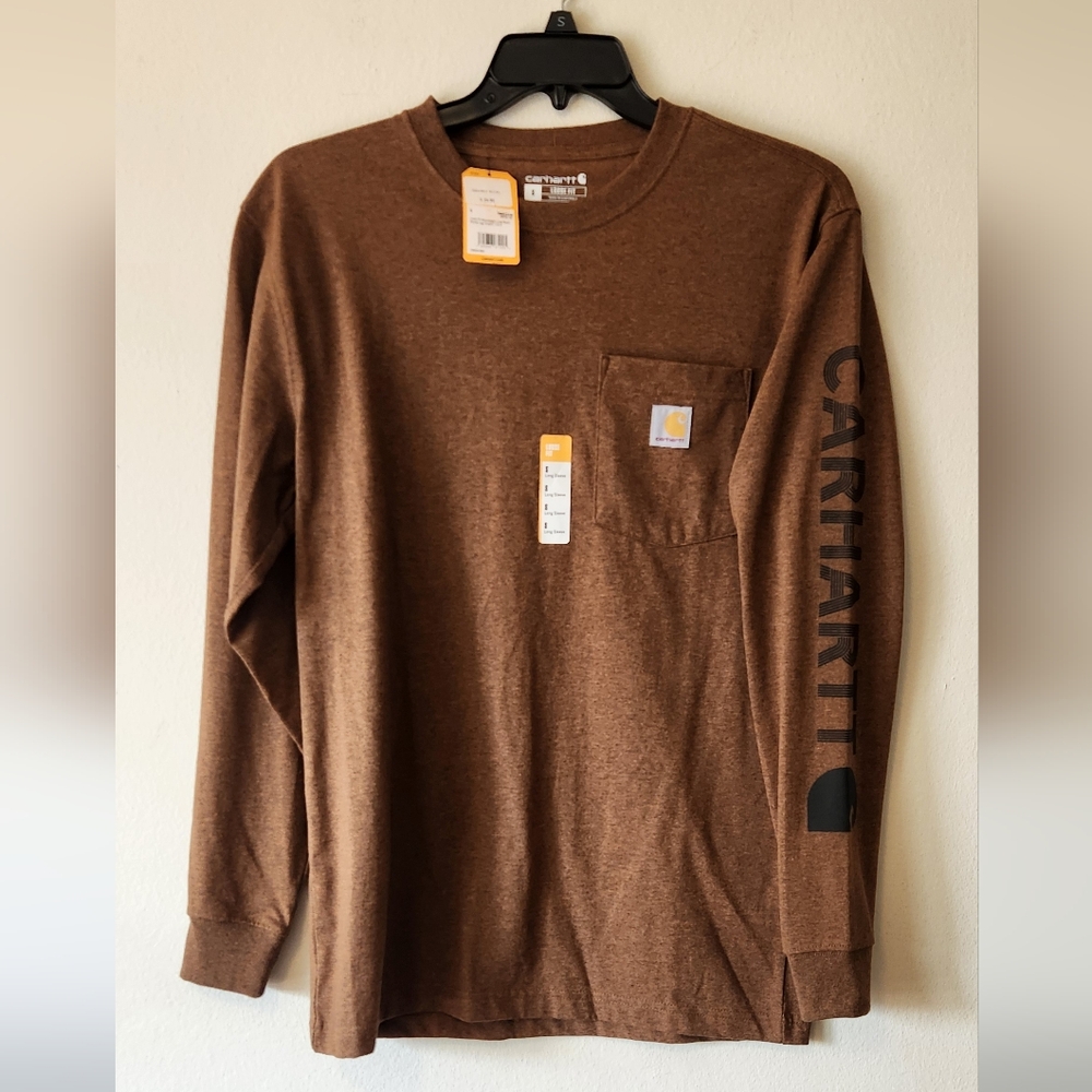 Carhartt NEW Mens Small Loose Fit Long Sleeve Pocket Tee Shirt Spellout Brown